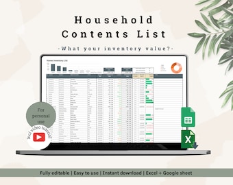 Household Inventory List: Your digital moving list  in Excel & Google Spreadsheet Template
