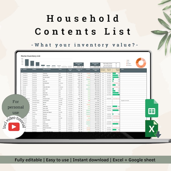 Liste des meubles | Liste de valeurs du contenu du ménage | Liste d'inventaire | Valeur d'insolvabilité de la maison | Liste de divorce | Feuille de calcul Excel | Feuilles Google