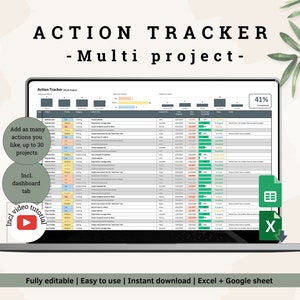 Action Tracker Multi Project | Task Tracker | Task List | Team planner | To do list | Excel + Google spreadsheet | Printable