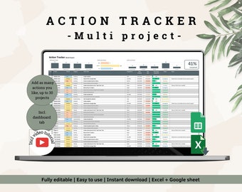 Action Tracker multi-projets | Suivi des tâches | Liste des tâches | Planificateur d'équipe | Liste des choses à faire | Feuille de calcul Excel + Google | Imprimable