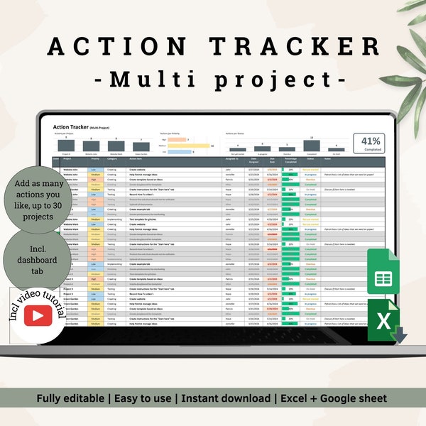 Action Tracker Multi Projekt | Aufgabenliste | Aufgabenliste | Teamplaner | To do-Liste | Excel + Google-Arbeitsblatt | Druckbar