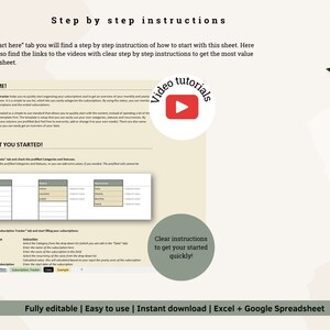 May include: A step-by-step guide to organizing your subscriptions. The guide includes a welcome section, a "Let's Get You Started" section, and a "Clear Instructions to Get You Started Quickly" section. The guide is fully editable and can be used with Excel or Google Sheets.