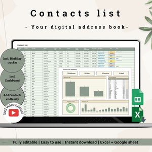 Puede incluir: Una pantalla de computadora portátil que muestra una hoja de cálculo con el título "Contacts List" y el texto "Your digital address book." La hoja de cálculo incluye columnas para nombres, números de teléfono, direcciones de correo electrónico y otra información de contacto. La hoja de cálculo también incluye un tablero con gráficos y diagramas que muestran el número de contactos, ciudades, países y etiquetas. La hoja de cálculo está abierta en Excel e incluye un tutorial en video.