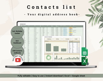 Digital Contacts List: Birthday Tracker, Excel & Google Sheets