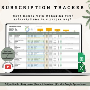 Abonnementstracker | Beheer je terugkerende kosten | Beheerder lidmaatschappen en abonnementen | Excel en Google-spreadsheet | Afdrukbaar