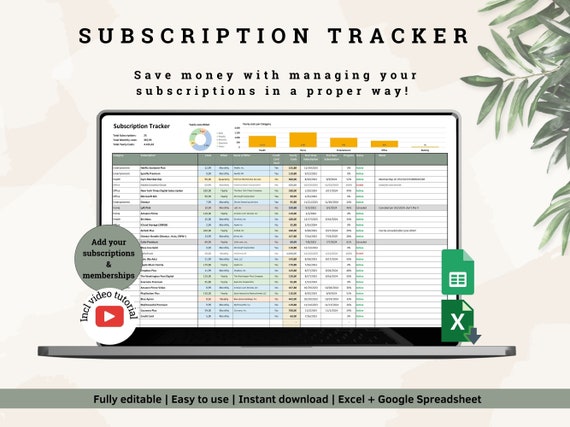 Subscription Tracker: Manage Recurring Costs online with this digital subscription spreadsheet (Excel & Google Sheets)