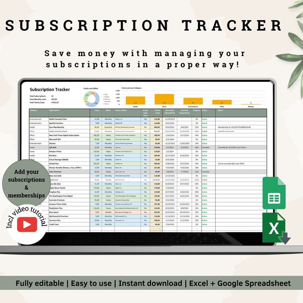 Abonnement-Tracker | Kontrolliere deine laufenden Kosten | Mitgliedszahlen und Abonnements-Manager | Excel und Google Tabelle | Druckbar
