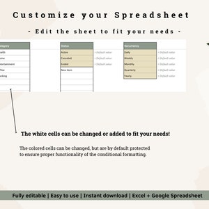 May include: A customizable spreadsheet template with categories for health, home, entertainment, office, and banking. The spreadsheet includes columns for status, recurrence, and default values. The white cells can be changed or added to fit your needs. The colored cells are protected to ensure proper functionality of the conditional formatting.
