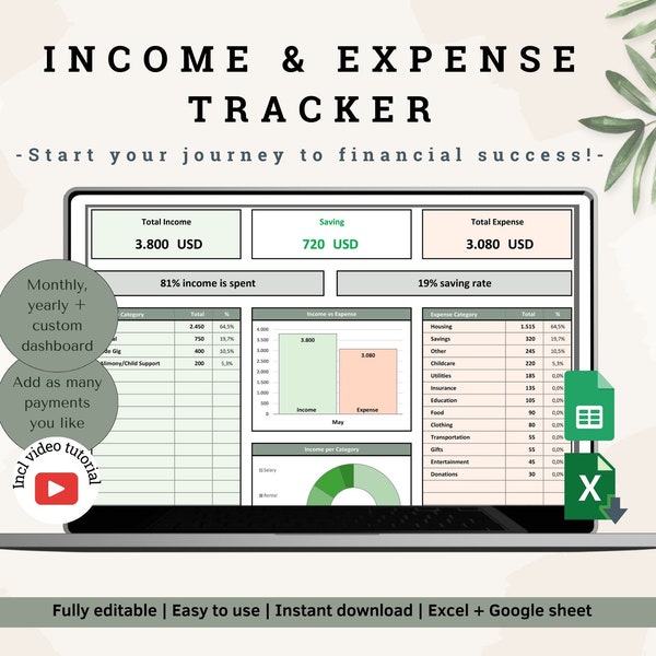 Income and Expense Tracker | Budget tracker| Profit and loss |  Income tracker | Expense tracker | Excel & Spreadsheet | Printable