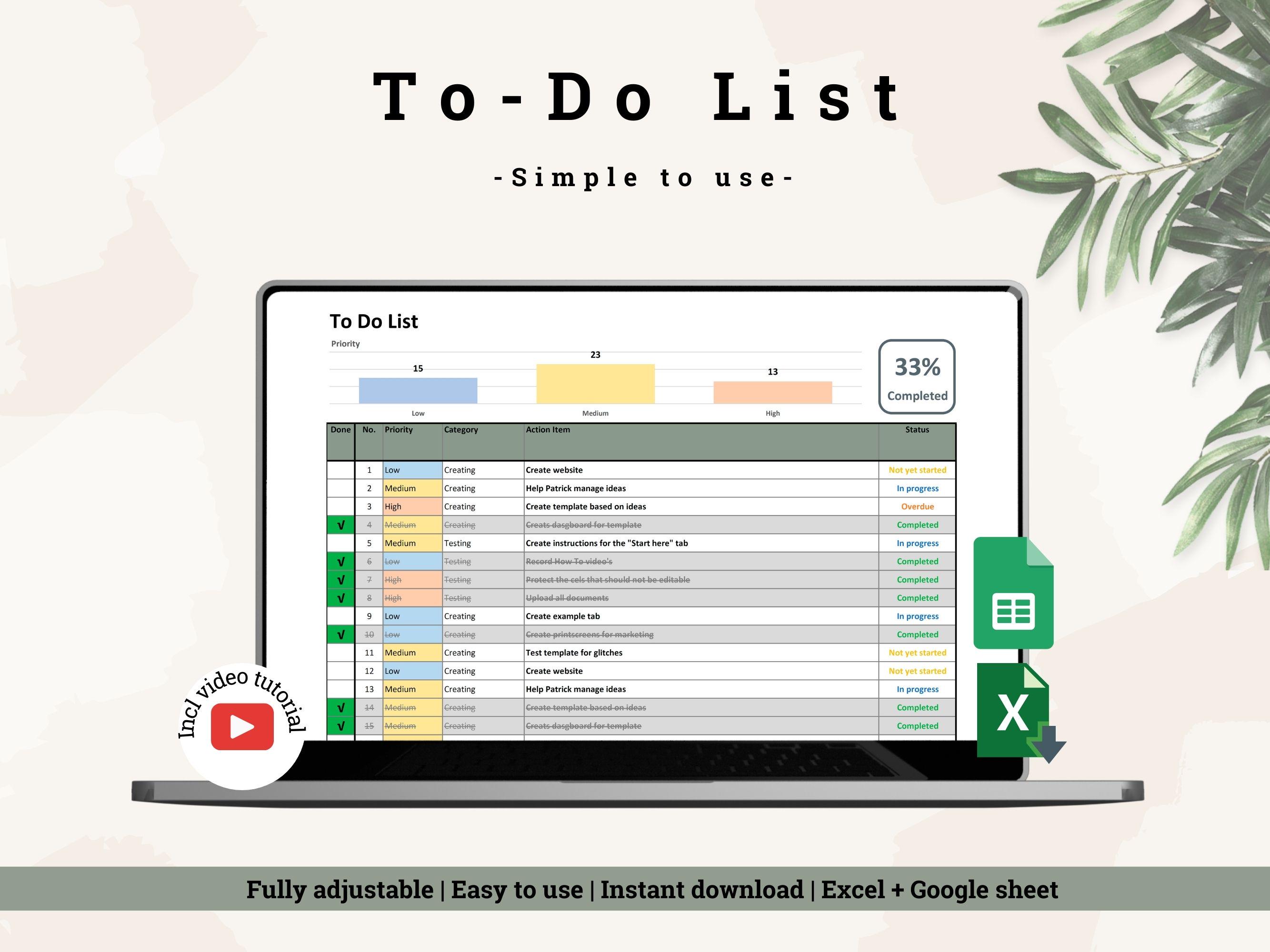 To Do List Template: Task Tracker in Excel & Google Sheets (Digital Download)