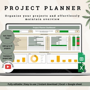 Può includere: Uno schermo di laptop che mostra un dashboard di pianificazione del progetto con uno schema di colori verde, giallo e rosso. Il dashboard include un diagramma di Gantt, una panoramica del progetto e una panoramica del tracciamento delle azioni. Il testo "Project Planner Dashboard" è visualizzato nella parte superiore dello schermo. Il testo "Fully editable | Easy to use | Instant download | Excel + Google sheet" è visualizzato nella parte inferiore dello schermo.