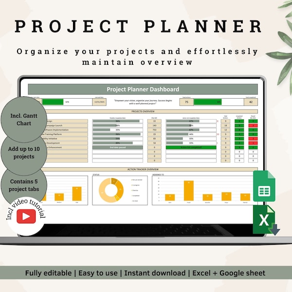 Project Planner | Project Management | Project Tracker | Organize your projects | Excel & Google sheets| incl Gantt Chart and Action Tracker