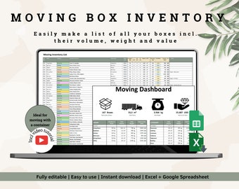 Moving box inventory | Moving box volume | Manage your relocation in detail |  Moving planner | Emigration | Excel+Google Sheet | Printable