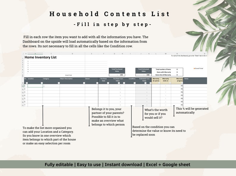 Furniture List Household Contents Value List Inventory List House
