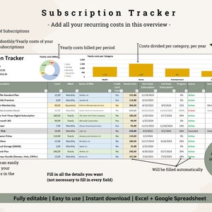 May include: A green and white spreadsheet with the title "Subscription Tracker" and a section for tracking monthly and yearly costs of subscriptions. The spreadsheet includes columns for category, subscription, costs, billed, name of biller, credit card used, yearly costs, start date, end date, progress, status, and notes. The spreadsheet also includes a pie chart and a bar graph.