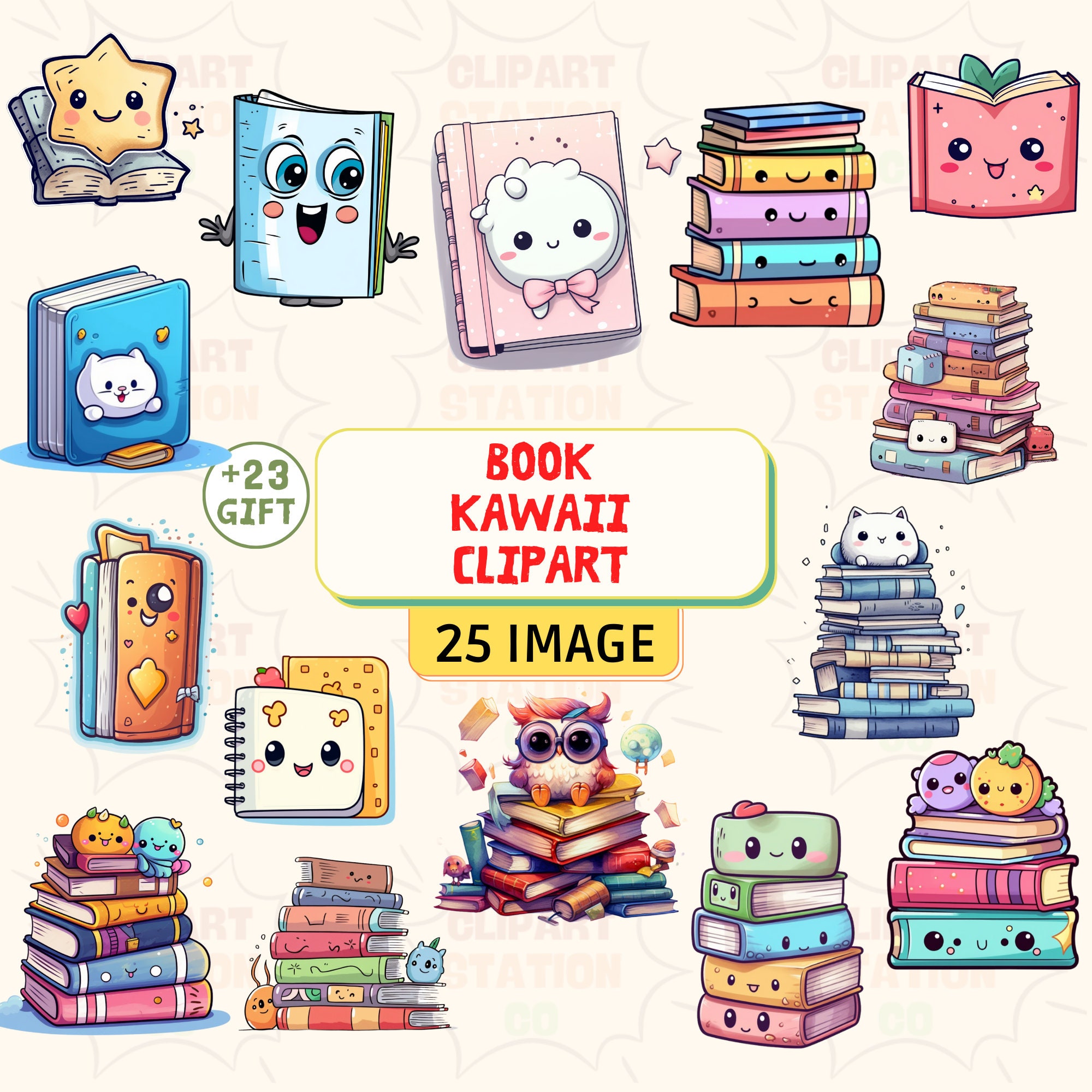 Kawaii Books Clipart, Cute Cartoon School Books Clip Art, Kawaii Book Clipart, Book Clipart