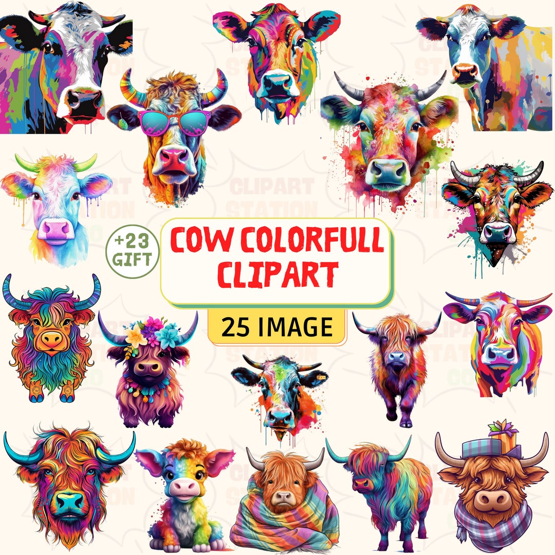 Colorful Highland Cows Clipart Png Bundle, Highland Cattle Risograph ...