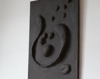 Black wabi sabi wall art, biomorphic organic wall sculpture, 3d textured art, fantasy mythology creature, dimensional abstract relief, dark