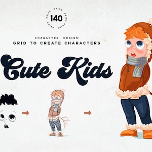May include: An illustration demonstrating character design for children. The image shows a finished cartoon child in winter attire, a wireframe, and a step-by-step guide. Text includes "Character Design" and "Cute Kids".