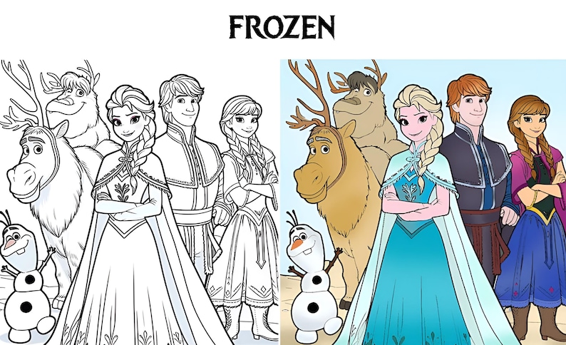 May include: A black and white coloring page featuring the characters from the movie Frozen. The characters include Elsa, Anna, Kristoff, Olaf, Sven, and the two reindeer. The title "FROZEN" is at the top of the page.