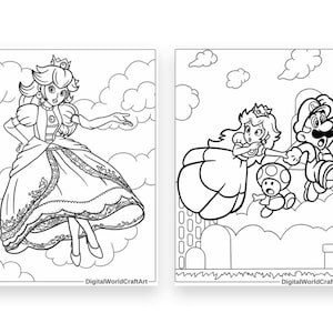 Pode incluir: P&aacute;gina para colorir em preto e branco com a Princesa Peach da s&eacute;rie de videogames Super Mario Bros. Peach est&aacute; usando um vestido e flutuando no ar. A segunda imagem mostra Peach flutuando no ar com Mario e um Toad.