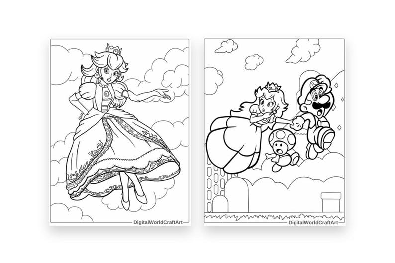 Pode incluir: P&aacute;gina para colorir em preto e branco com a Princesa Peach da s&eacute;rie de videogames Super Mario Bros. Peach est&aacute; usando um vestido e flutuando no ar. A segunda imagem mostra Peach flutuando no ar com Mario e um Toad.