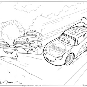 May include: Black and white line drawing of two cartoon cars. The first car is a red race car with the number 95 and the word "Rust-eze" on the side. The second car is a black and white police car with the word "Sheriff" on the side.