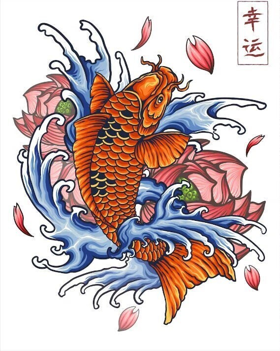 Japanese Koi Tattoo,Vector illustration t-shirt design,japanese kanji words means luck,PNG files, fish clipart, koi illustration, koi fish