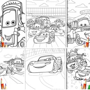 May include: A set of six black and white coloring pages featuring characters from the Cars movie franchise. The pages include Mater, Lightning McQueen, and other characters from the movie.