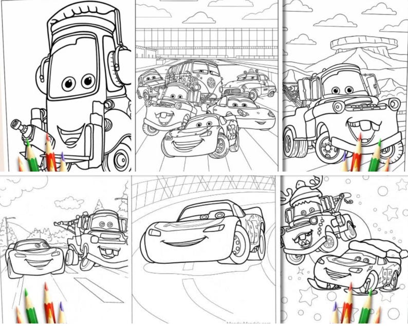 May include: A set of six black and white coloring pages featuring characters from the Cars movie franchise. The pages include Mater, Lightning McQueen, and other characters from the movie.