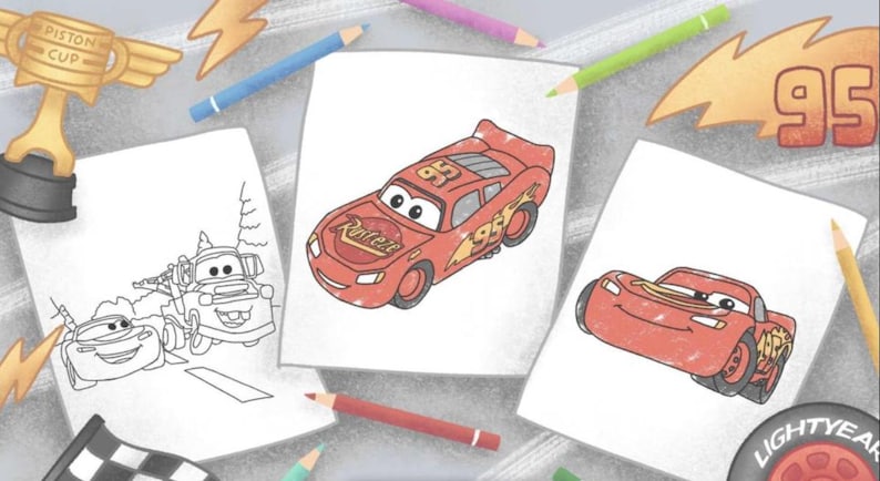 May include: Three black and white line drawings of cartoon cars on white paper. The first drawing shows a red race car with the number 95 on the side. The second drawing shows a red race car with the number 95 on the side. The third drawing shows a red race car with the number 95 on the side.