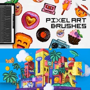 Puede incluir: Elementos gráficos de pixel art, incluyendo una magdalena, un helado y un disco de vinilo. La imagen también presenta una escena de ciudad pixelada con palmeras y edificios. El texto "PIXEL ART BRUSHES" se muestra en negrita.