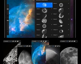 May include: A digital tablet displaying a "Brush Library" with various celestial-themed brush options. The screen shows a vibrant nebula background and several moon and galaxy brush previews. The interface includes the word "Modify".