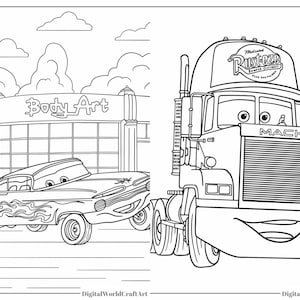 May include: A black and white line drawing of a cartoon truck and car. The truck is a Mack truck with the words "Rust-eze" and "Super Service" on the side. The car is a vintage car with flames painted on the side. The truck and car are in front of a building with the words "Body Art" on the side.