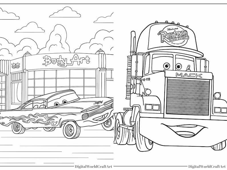 May include: A black and white line drawing of a cartoon truck and car. The truck is a Mack truck with the words "Rust-eze" and "Super Service" on the side. The car is a vintage car with flames painted on the side. The truck and car are in front of a building with the words "Body Art" on the side.