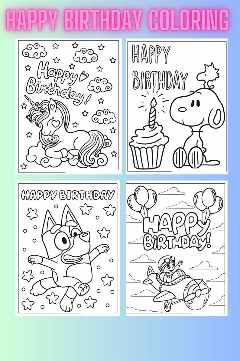 Pu&ograve; includere: Quattro pagine da colorare in bianco e nero con temi di compleanno. La prima pagina presenta un unicorno con un cuore e stelle. La seconda pagina presenta Snoopy che tiene un cupcake con una candela. La terza pagina presenta un cane blu con stelle. La quarta pagina presenta un bambino che pilota un aereo con palloncini e nuvole.