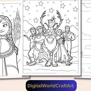 May include: Black and white coloring pages featuring characters from the animated film Frozen. The pages include Elsa, Anna, Olaf, Kristoff, and Sven. The pages are designed for children to color.
