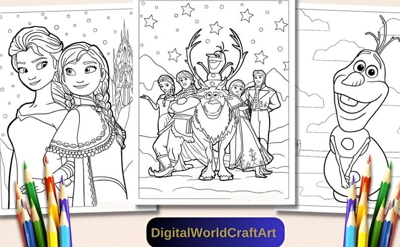 May include: Black and white coloring pages featuring characters from the animated film Frozen. The pages include Elsa, Anna, Olaf, Kristoff, and Sven. The pages are designed for children to color.