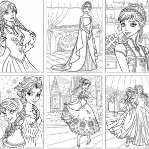 May include: Black and white line art coloring pages featuring different princesses from the movie Frozen. The princesses are wearing different dresses and are in various poses.