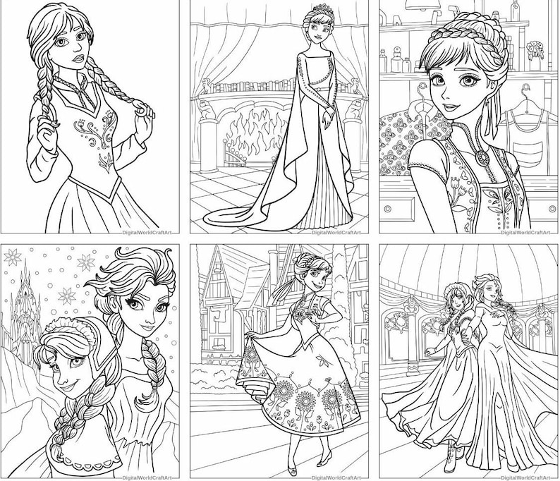 May include: Black and white line art coloring pages featuring different princesses from the movie Frozen. The princesses are wearing different dresses and are in various poses.