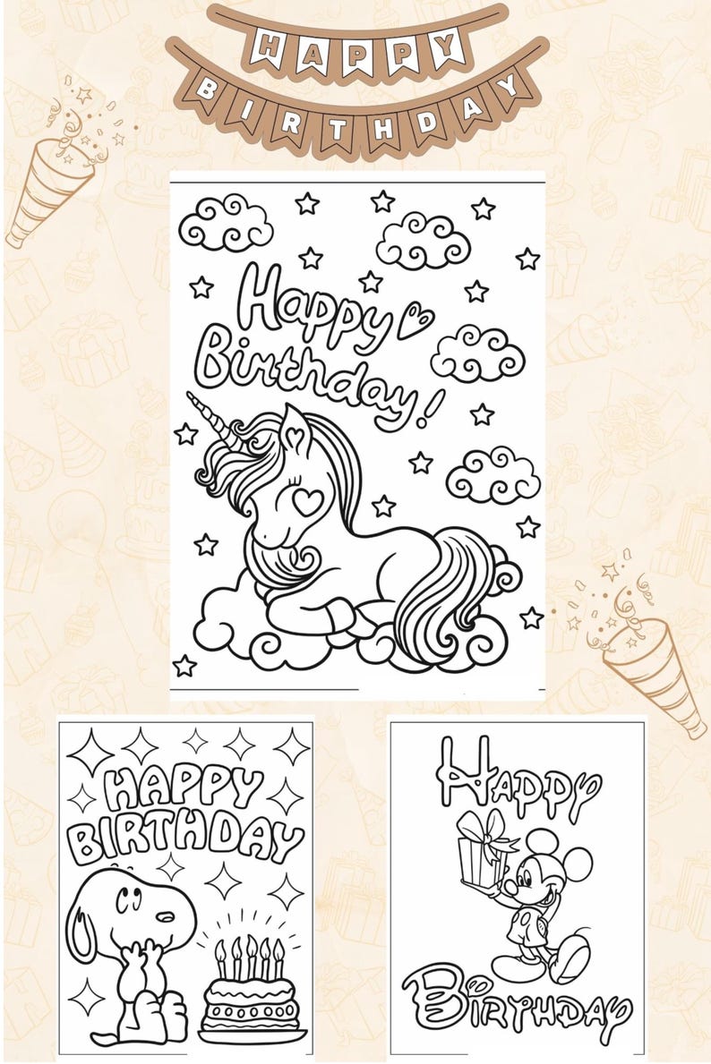 Pu&ograve; includere: Tre pagine da colorare in bianco e nero con saluti di compleanno. La prima pagina presenta un unicorno con il testo "Buon compleanno!" La seconda pagina presenta Snoopy con il testo "Buon compleanno". La terza pagina presenta Topolino con il testo "Buon compleanno".