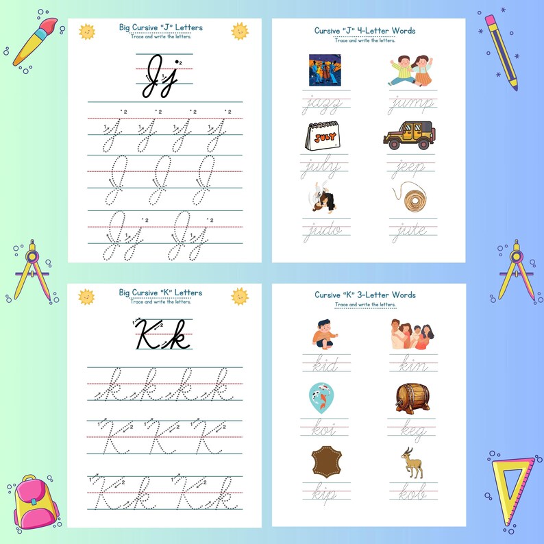 Cursive Alphabet A-N Tracing Worksheets, Handwriting Practice (PDF) - Etsy
