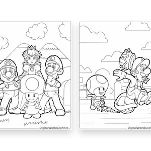 Pode incluir: Uma p&aacute;gina para colorir em preto e branco com personagens da franquia de videogames Super Mario. Os personagens incluem Mario, Luigi, Peach, Toad e um Koopa Troopa. Os personagens est&atilde;o em v&aacute;rias poses, incluindo em p&eacute;, sentados e montando um caparaz&oacute;n de Koopa Troopa.