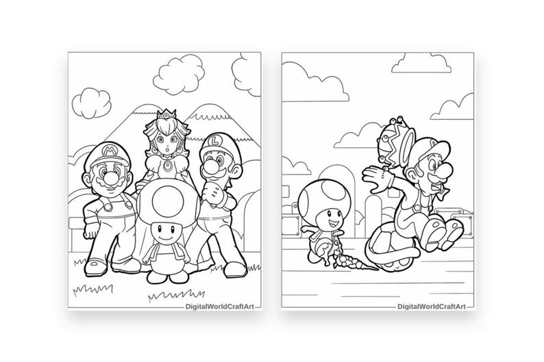 Pode incluir: Uma p&aacute;gina para colorir em preto e branco com personagens da franquia de videogames Super Mario. Os personagens incluem Mario, Luigi, Peach, Toad e um Koopa Troopa. Os personagens est&atilde;o em v&aacute;rias poses, incluindo em p&eacute;, sentados e montando um caparaz&oacute;n de Koopa Troopa.