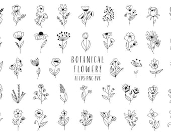 Botanical Flower SVG Bundle, Floral Line Art (Digital Download)