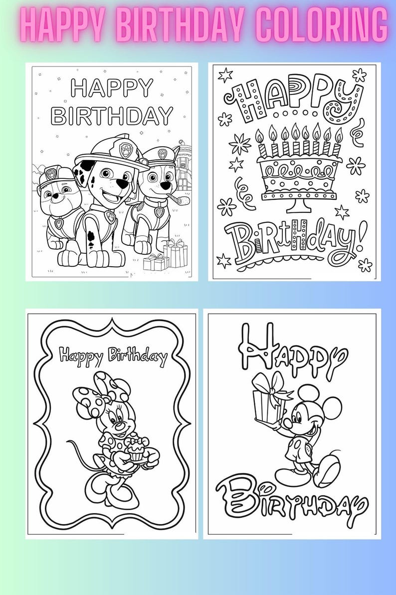Pu&ograve; includere: Quattro pagine da colorare in bianco e nero con temi di compleanno. La prima pagina presenta un personaggio di Paw Patrol, la seconda pagina presenta una torta di compleanno con candele, la terza pagina presenta Topolino e la quarta pagina presenta Minnie Mouse.