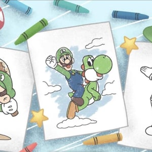 Pode incluir: Tr&ecirc;s p&aacute;ginas para colorir em preto e branco com diferentes personagens da franquia Super Mario. A primeira p&aacute;gina mostra Mario segurando um martelo, a segunda p&aacute;gina mostra Luigi montando Yoshi e a terceira p&aacute;gina mostra Luigi de p&eacute; com os bra&ccedil;os estendidos.