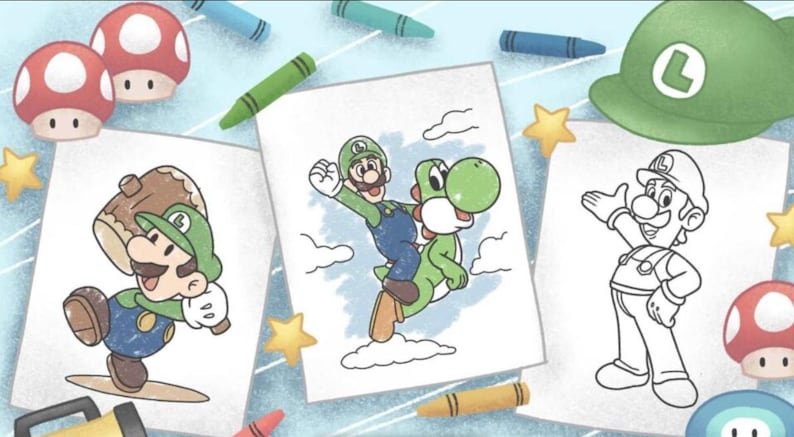 Pode incluir: Tr&ecirc;s p&aacute;ginas para colorir em preto e branco com diferentes personagens da franquia Super Mario. A primeira p&aacute;gina mostra Mario segurando um martelo, a segunda p&aacute;gina mostra Luigi montando Yoshi e a terceira p&aacute;gina mostra Luigi de p&eacute; com os bra&ccedil;os estendidos.