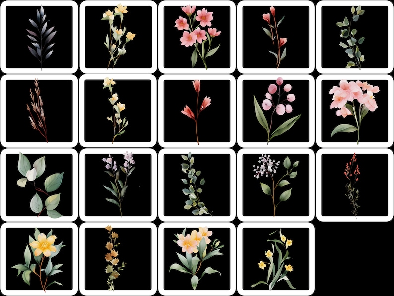 May include: A collection of watercolor floral illustrations, each set against a black background within a white-bordered square. The botanical images feature various flowers and foliage in shades of pink, yellow, green, and purple, showcasing a range of floral designs.
