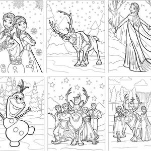 May include: A black and white coloring book page featuring characters from the movie Frozen. The page includes Elsa, Anna, Olaf, Sven, and Kristoff. The characters are drawn in a simple style, making them easy for children to color.